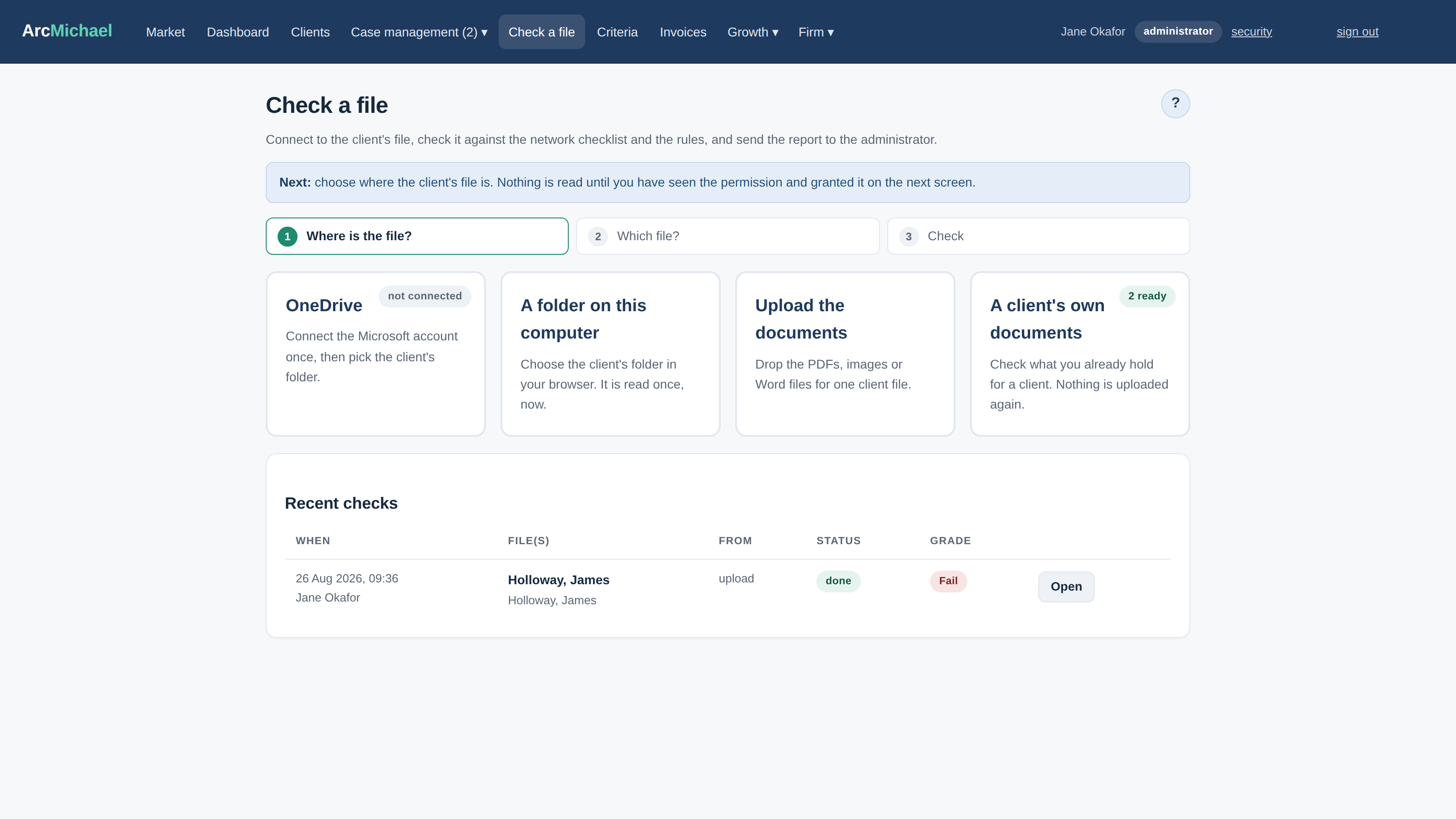 The start of a check: source cards for uploading files, a OneDrive folder, and documents already held on a client’s file