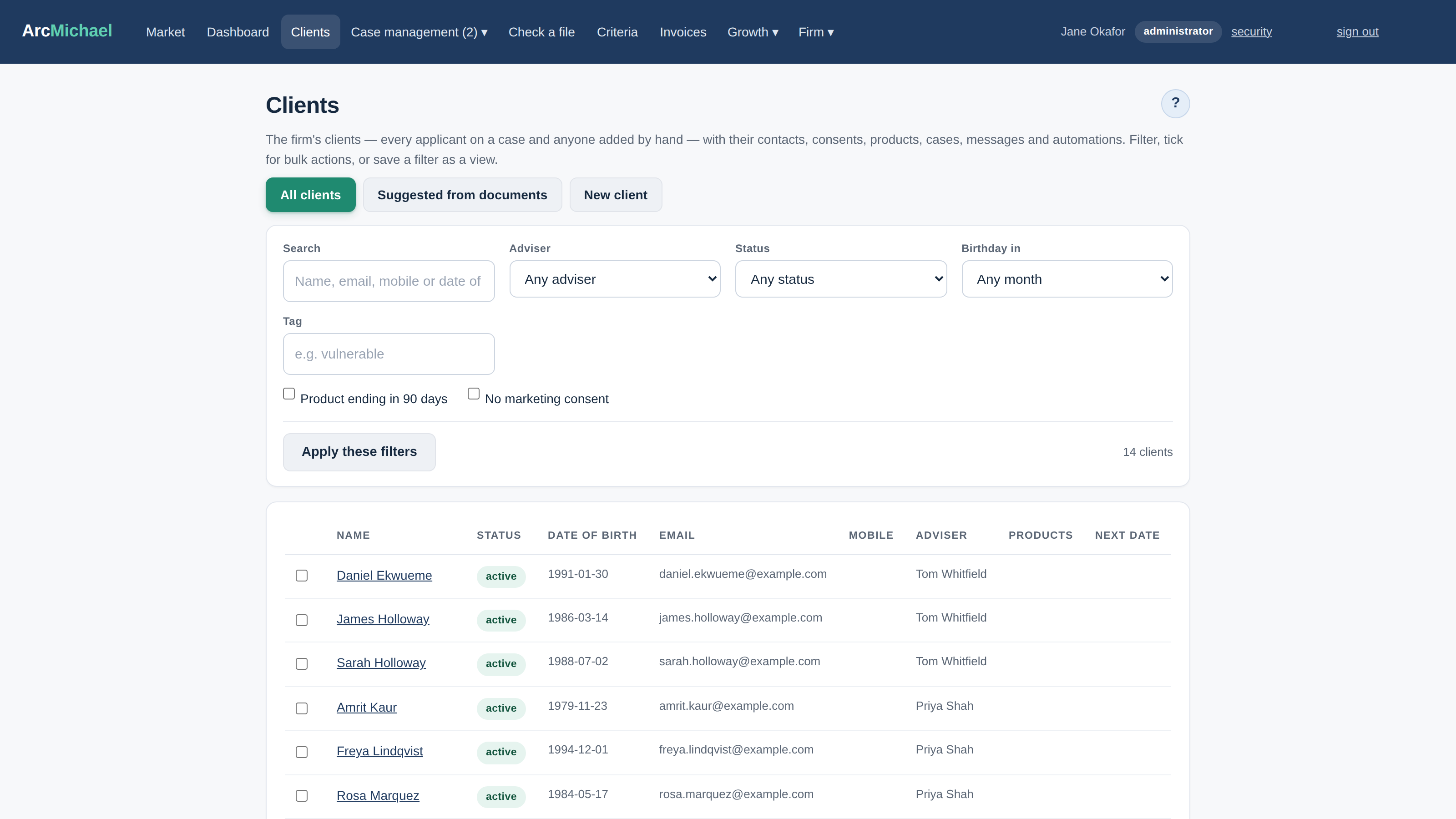 The client list: saved views, filters, and client records built from confirmed case data