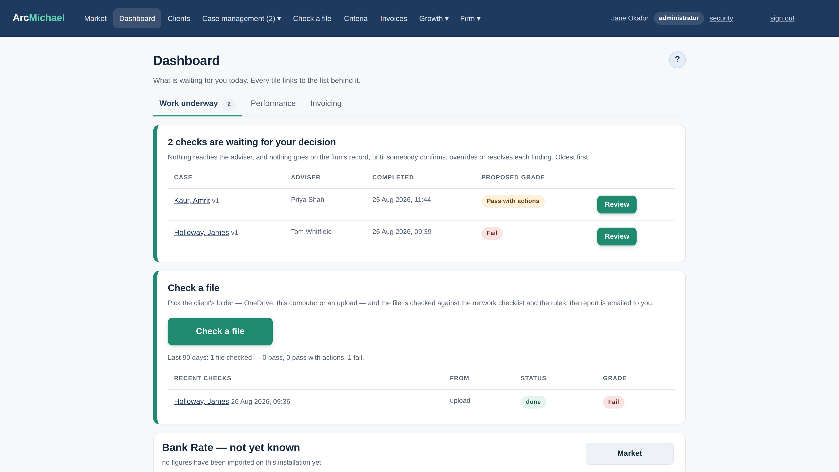 The dashboard’s work view: checks in progress, reviews waiting on a decision, and automations due to send
