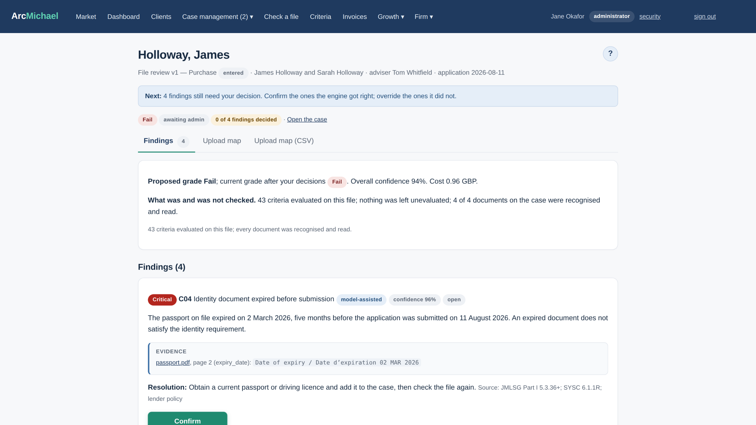 A review in ArcMichael: a graded finding with its evidence quoted page by page, and Confirm and Override controls for the reviewer